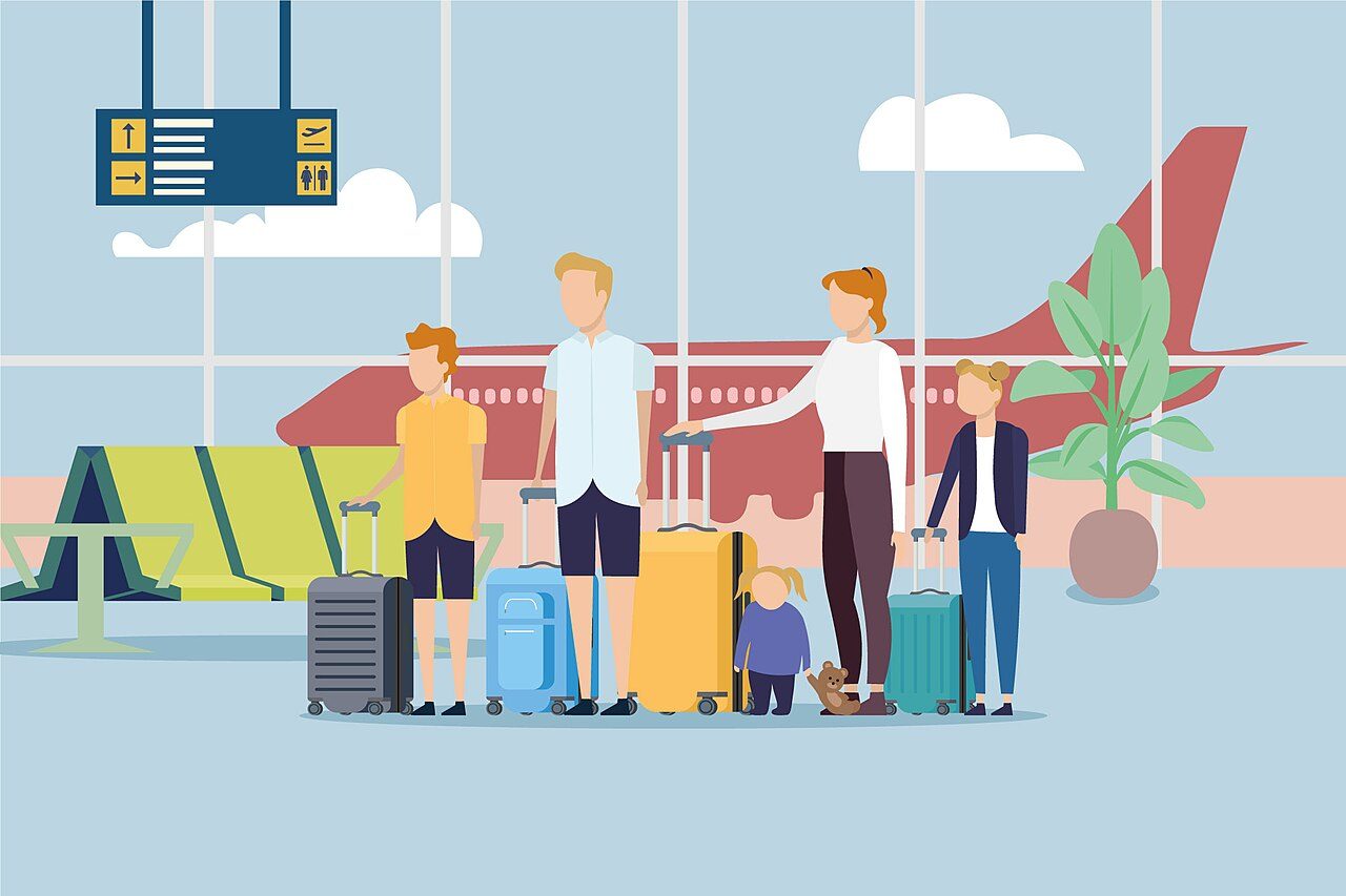 A family waiting at an airport gate with their luggage before an international relocation